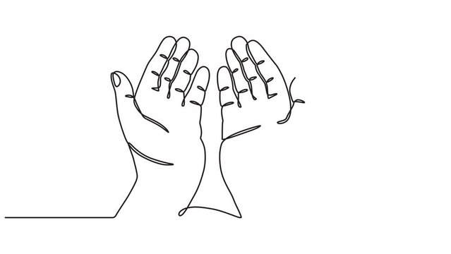 Continuous one line animation. Hand drawn animated motion graphic element of praying palms. concept of Palms together and praying. 4k videos