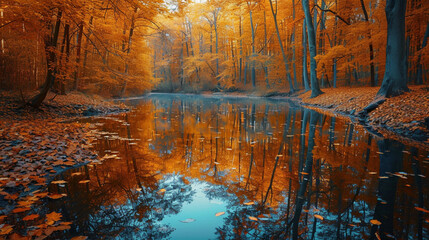A tranquil forest pond surrounded by vibrant autumn foliage, mirrored reflections capturing the essence of fall's rich color palette. 
