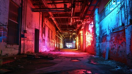 An abandoned warehouse district now inhabited by graffiti artists and neon lights casting an eerie...
