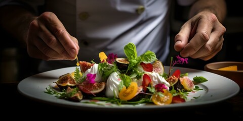 Obraz na płótnie Canvas Chef carefully garnishing a colorful salad dish. artistic culinary presentation in focus. quality cuisine in elegant ambiance. AI