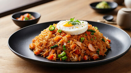 a visual feast with a side view of Kimchi fried rice plated on a textured wooden surface to immerse themselves in the delectable details