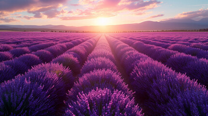 Sun-kissed lavender fields stretching endlessly under a vibrant azure sky, inviting a sense of calm...