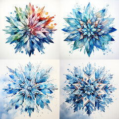 Set of snow flake shape watercolor on white background