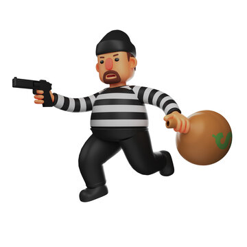      3D Illustration. 3D Cartoon Illustration of Thief brandishing a gun. walking while carrying a bag of money. wear a mask face mask. 3D Cartoon Character