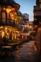 Plaza surrounded by historic buildings housing quaint restaurants under the evening sky, Generative AI