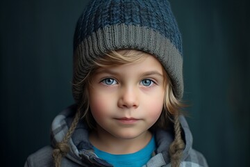 Portrait of a cute little girl in a knitted hat and coat. Studio shot.