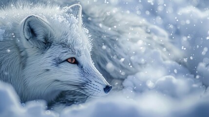 Closeup of an Arctic fox with its nose buried in its thick white fur ly visible against a backdrop of swirling snowflakes. - obrazy, fototapety, plakaty