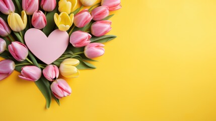 Spring pink tulips on a yellow background, a holiday card. Mother's Day, women's Day, Valentine's Day.