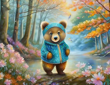oil painting style illustration, baby bear cub in autumn forest ,cute and adorable wildlife, idea for wall art decor and background wallpaper