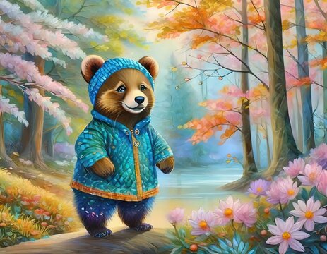 oil painting style illustration, baby bear cub in autumn forest ,cute and adorable wildlife, idea for wall art decor and background wallpaper