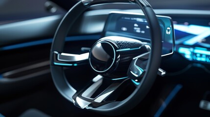 A closeup of the steering wheel with handsfree capability emphasizing the autonomous control of the...