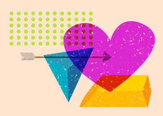 Risograph Heart and Arrow with geometric shapes. Love Symbol in trendy riso graph print texture style design with geometry elements.
