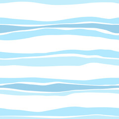 Seamless pattern of horizontal blue waves reminiscent of sea surf. Wavy blue stripes on a white background. Summer fabric pattern. Flat vector illustration.