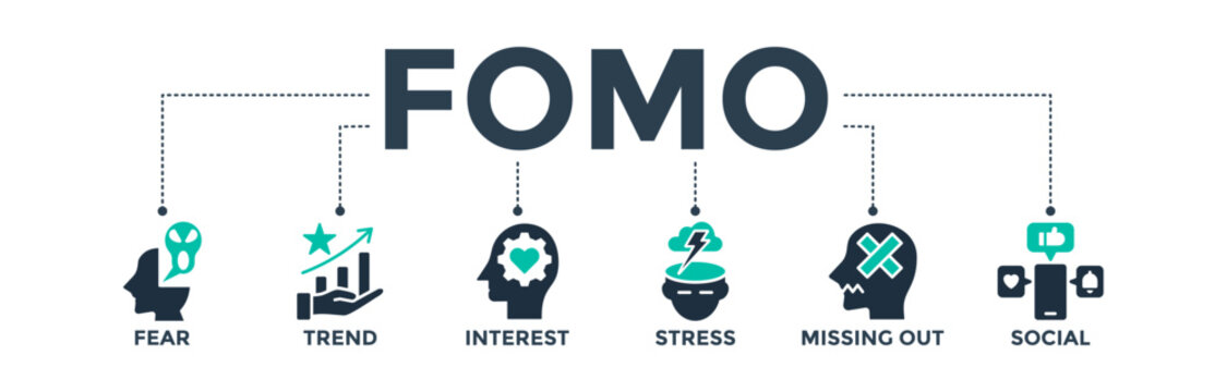 Fomo banner web icon concept with icons of fear, trend, interest, stress, missing out, and social. Vector illustration
