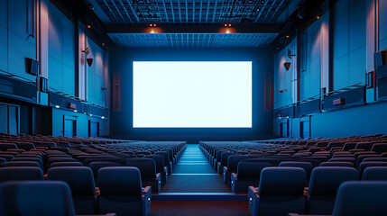 Empty of cinema in blue color with white blank screen. Mockup of hall, no people and auditorium. generative ai