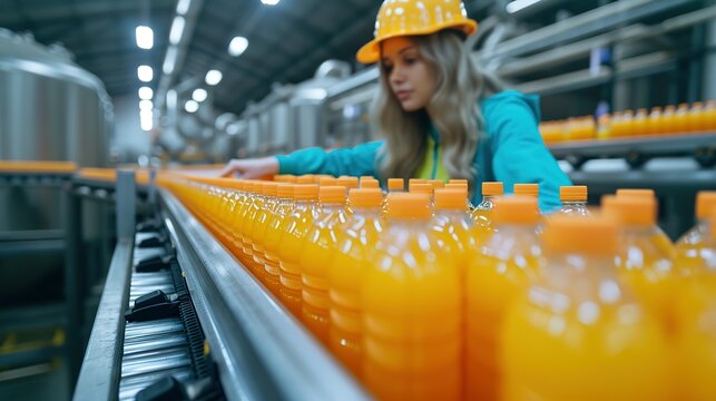 Female worker inspects bottled fruit juice on beverage factory conveyor belt for quality control