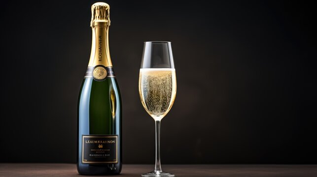 champagne. champagne bottle and glass. champagne bottle and glasses on table