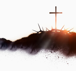 The background of the cross and crown of thorns symbolizing the sacrifice and suffering of Jesus Christ, and the concept of Passion Week, Lent, and Easter with a red sunset
