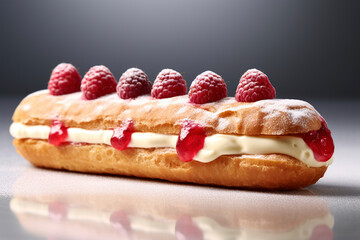 A close-up view of a stunning raspberry-flavoured eclair is served. (Generative AI)