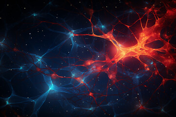 An intricate web of interconnected neurons, each represented as vibrant nodes with dynamic synapse-like connections in hues of electric blue and fiery red.