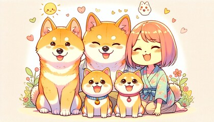 Obraz na płótnie Canvas A anime-style illustration of a Shiba Inu with its family, featuring cute, exaggerated features and a colorful.