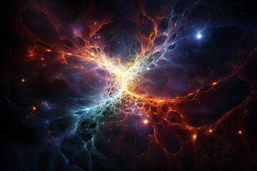 Neurons forming a cosmic spiral, with connections radiating outward like the arms of a galaxy, creating a sense of cosmic harmony in deep cosmic hues.