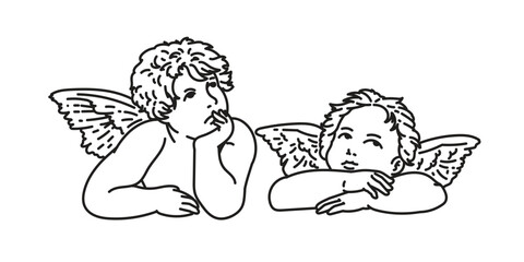 Cherub outlines and line art. Little angel cute baby with wings. Vector hand drawn tattoo illustrations. Cute baby with wings. cherubs angels vintage vector illustration.