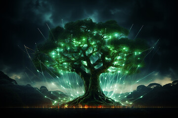 Wires entwined in the shape of a majestic tree, with glowing nodes representing electronic communication hubs, evoking a sense of connectivity and growth in a digital forest.