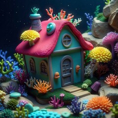 cute underwater house with colorful coral reefs