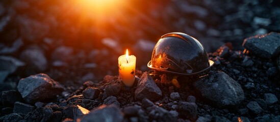 After the mine accident, a candle with a mining helmet is placed on top of coal as a vigil light. - obrazy, fototapety, plakaty