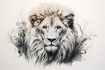 A majestic lion, its mane flowing with intricate pencil strokes, capturing the regal beauty of the king of the jungle on a pristine white background.
