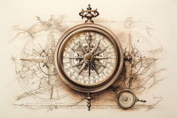 Fototapeta na wymiar A detailed illustration of an old-fashioned compass, its intricacies brought to life with precise pencil work, evoking a sense of exploration and adventure.