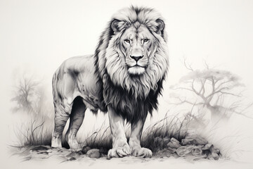A majestic lion, its mane flowing with intricate pencil strokes, capturing the regal beauty of the king of the jungle on a pristine white background. - obrazy, fototapety, plakaty