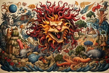 Fototapeta premium An intricately designed medieval manuscript-inspired illustration featuring mythical creatures and intricate borders, transforming the lined paper into a rich tapestry.
