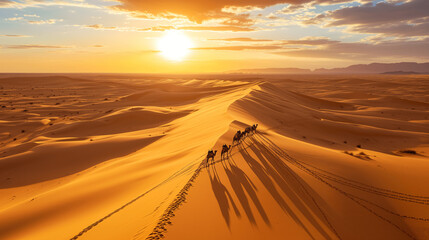 Fototapeta na wymiar Caravan Crossing the Desert at Sunset