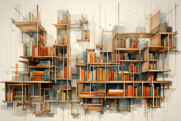 An illustration of a library with bookshelves extending from the ruled lines, creating a sense of depth and knowledge on the lined paper canvas.