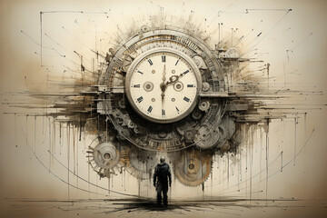 A surreal depiction of a clock face with gears and hands extending beyond the ruled lines, turning the paper into a timeless and imaginative space.