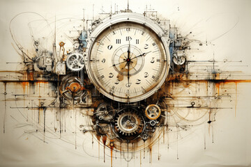 A surreal depiction of a clock face with gears and hands extending beyond the ruled lines, turning the paper into a timeless and imaginative space.