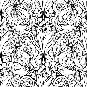 Black and white abstract doodles vector seamless pattern. Antistress coloring page background.