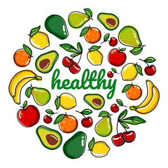Fresh fruit vector background, Healthy background, greeting background design decorated with mix fruits vector illustration