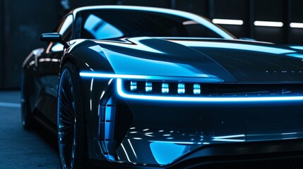 The front grille of a futuristic electric car is captured in a closeup shot with cool blue lights adding a sense of innovation and technology.