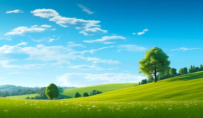 Green meadow and trees on a clear sky in summer. The beauty and tranquility of the season.