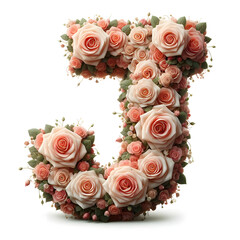 Obraz premium The letter J is made out of rose flowers, the Rose Alphabet, and Valentine Designs, on a White background, isolated on white, photorealistic 