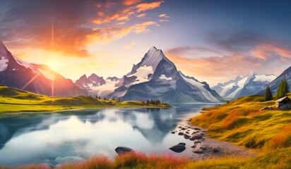 Wonderful sunset panorama of the mountains and lake in summer capturing the beauty of the alpine landscape during the evening.