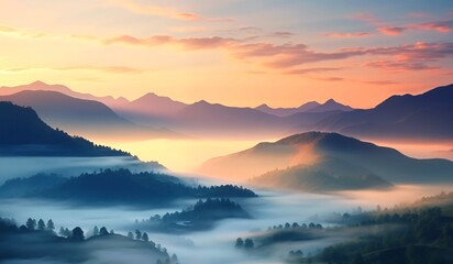 The mountains under the morning mist with a sunrise create a fresh and relaxing natural background.