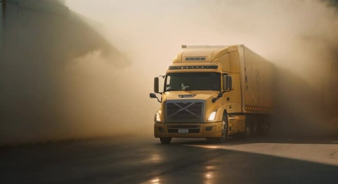 Logistics delivery yellow truck with dramatic light and smoke background