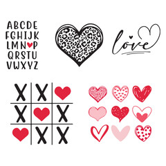 Valentine's day design, Heart and Love Words, Retro black and white isolated background Set