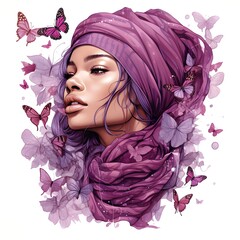 Black African American Women Wearing a Head Scarf Surrounded by Flowers and Butterflies