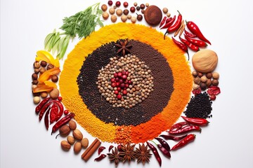 Assortment of vibrant spices, aromatic herbs, and kitchen utensils on white backdrop