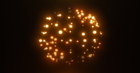 Abstract yellow orange glowing digital high-tech futuristic energy plasma sphere with lines and bokeh particles on dark black background © Bolbik
